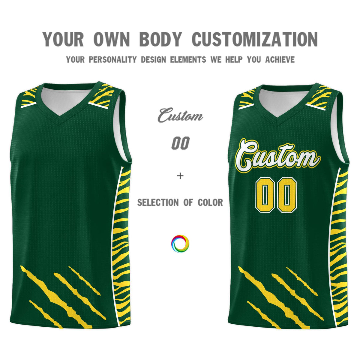Custom Green Personalized Tiger Claw Pattern Sports Uniform Basketball Jersey