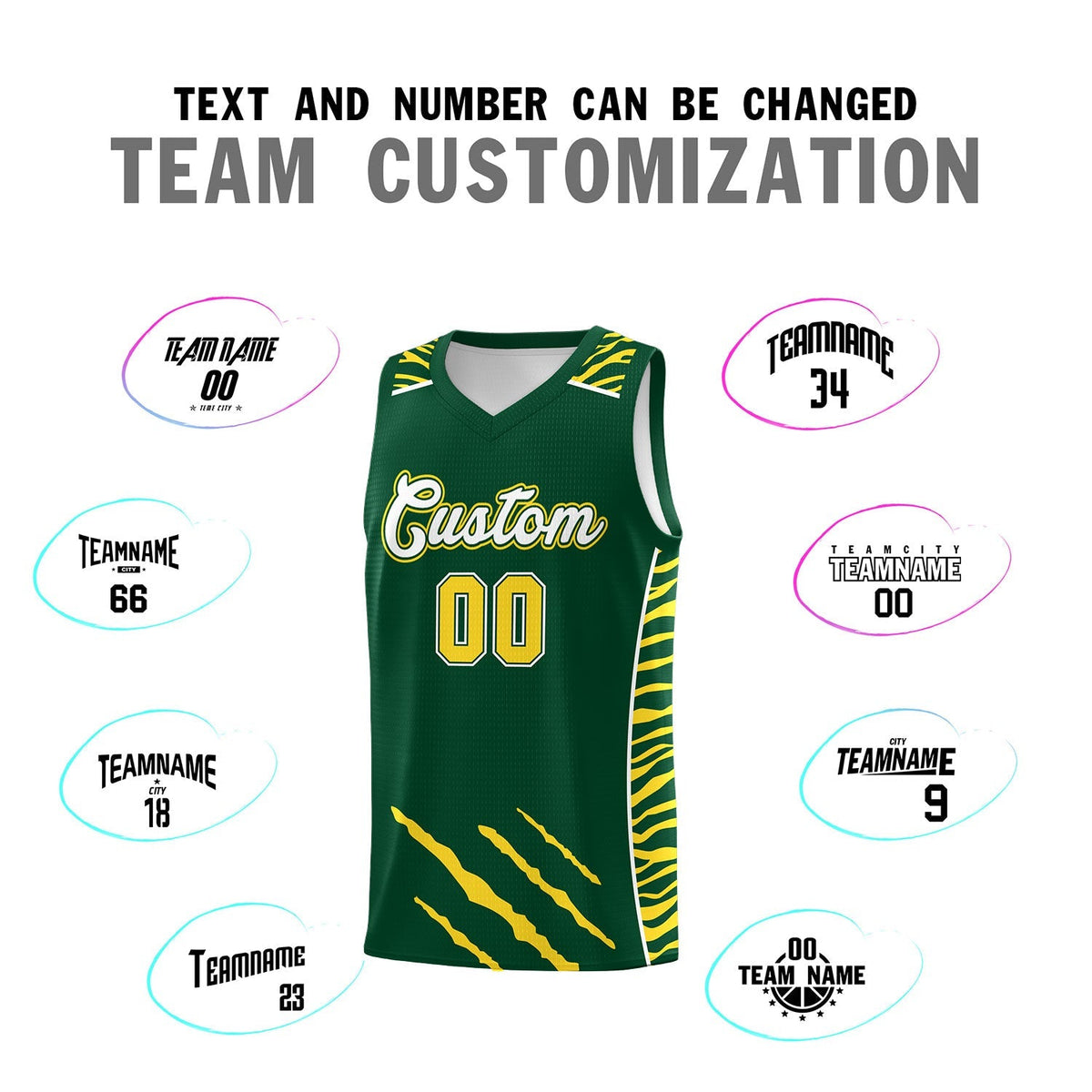 Custom Green Personalized Tiger Claw Pattern Sports Uniform Basketball Jersey