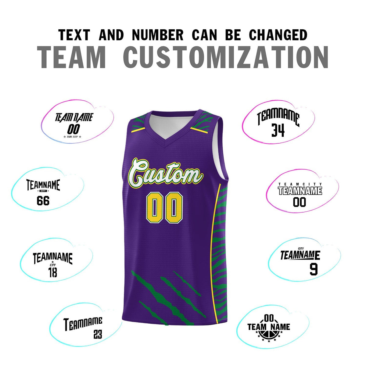 Custom Purple Personalized Tiger Claw Pattern Sports Uniform Basketball Jersey