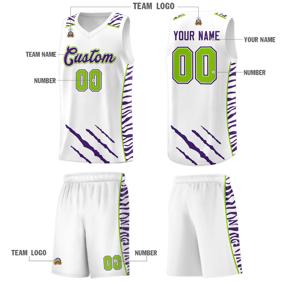 Custom White Personalized Tiger Claw Pattern Sports Uniform Basketball Jersey