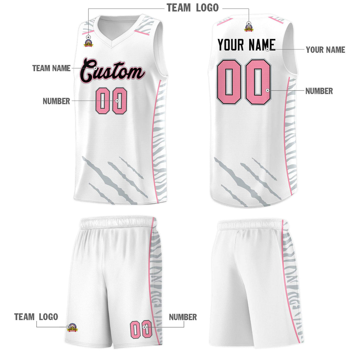 Custom White Personalized Tiger Claw Pattern Sports Uniform Basketball Jersey