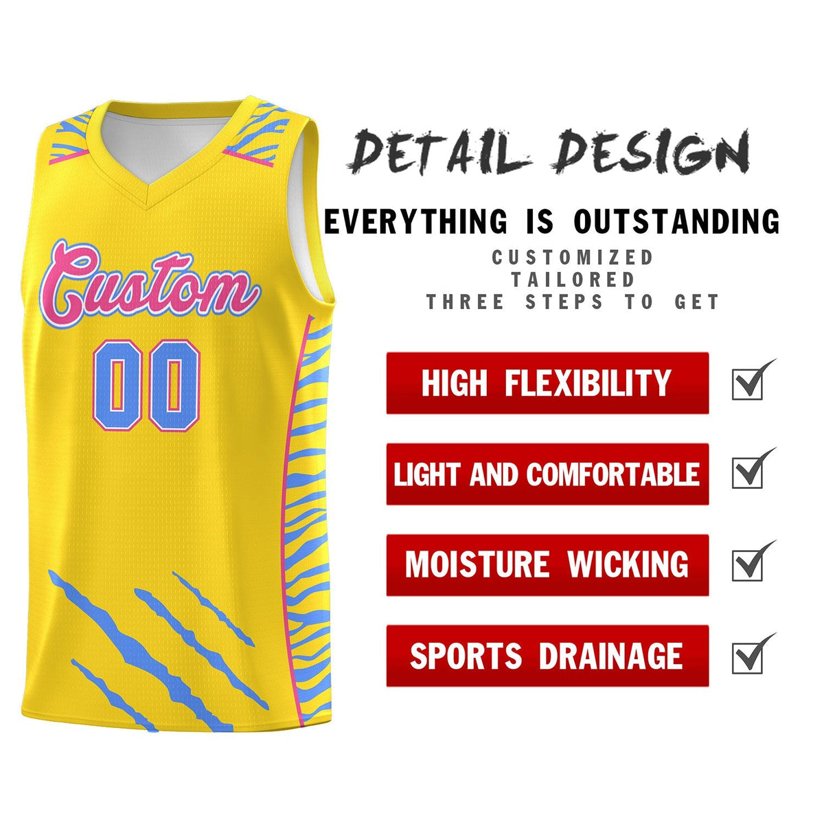 Custom Gold Personalized Tiger Claw Pattern Sports Uniform Basketball Jersey