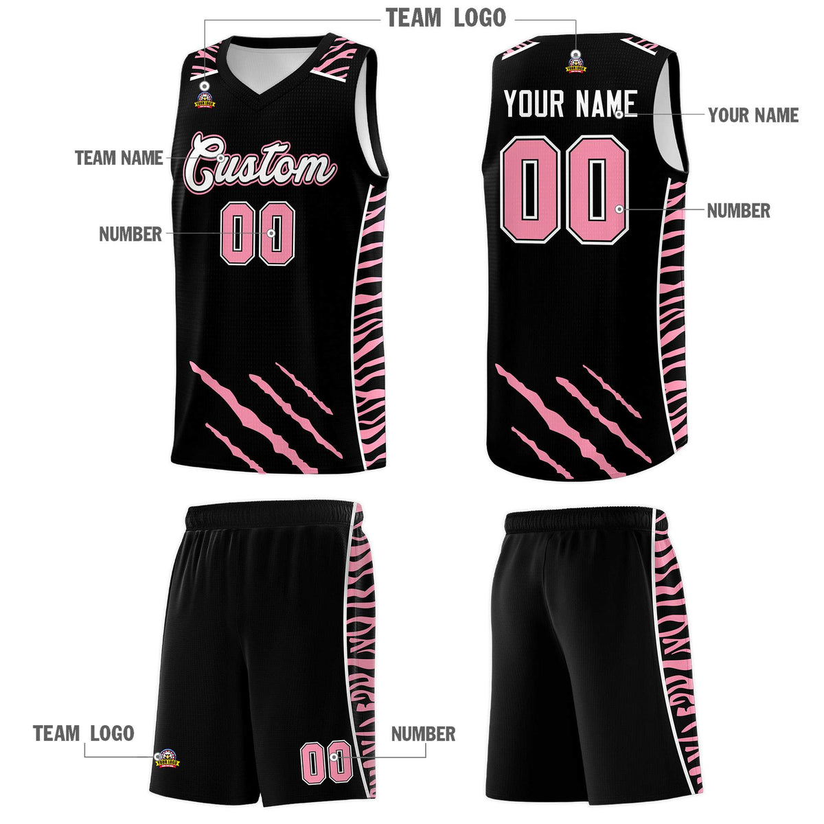 Custom Black Personalized Tiger Claw Pattern Sports Uniform Basketball Jersey