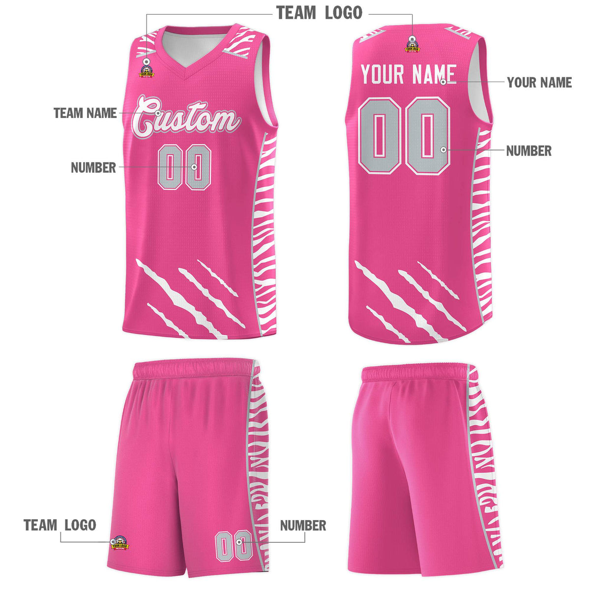 Custom Pink Personalized Tiger Claw Pattern Sports Uniform Basketball Jersey