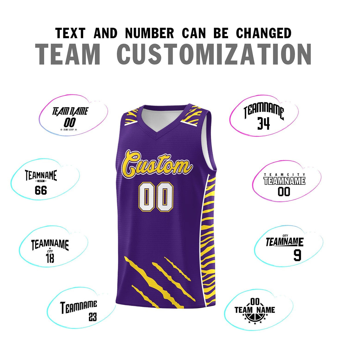 Custom Purple Personalized Tiger Claw Pattern Sports Uniform Basketball Jersey