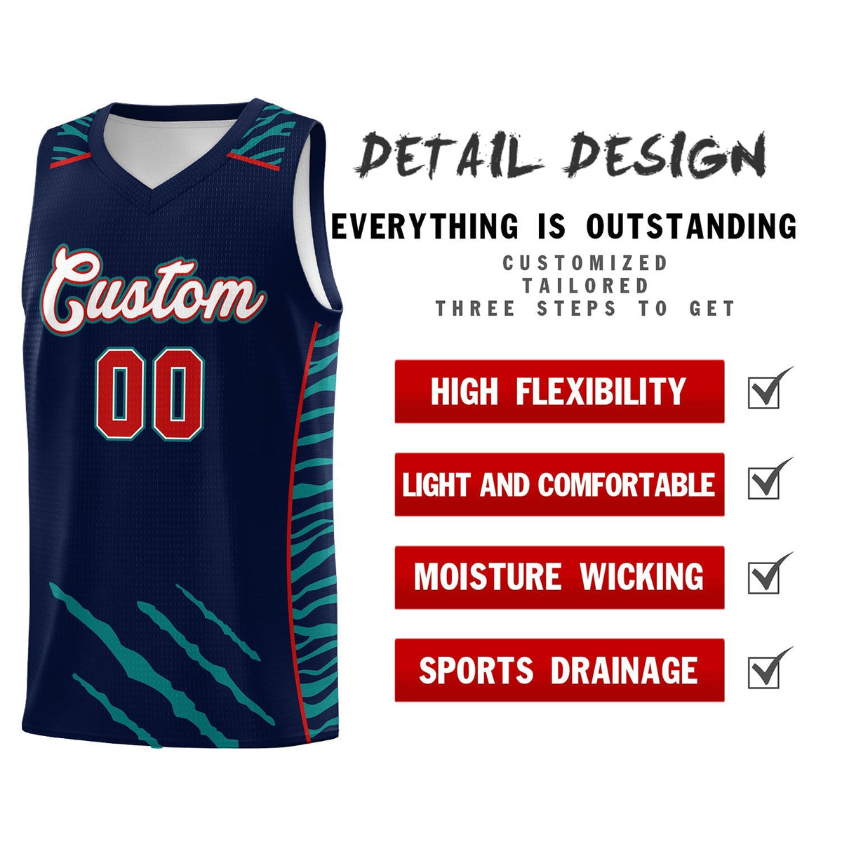 Custom Navy Personalized Tiger Claw Pattern Sports Uniform Basketball Jersey