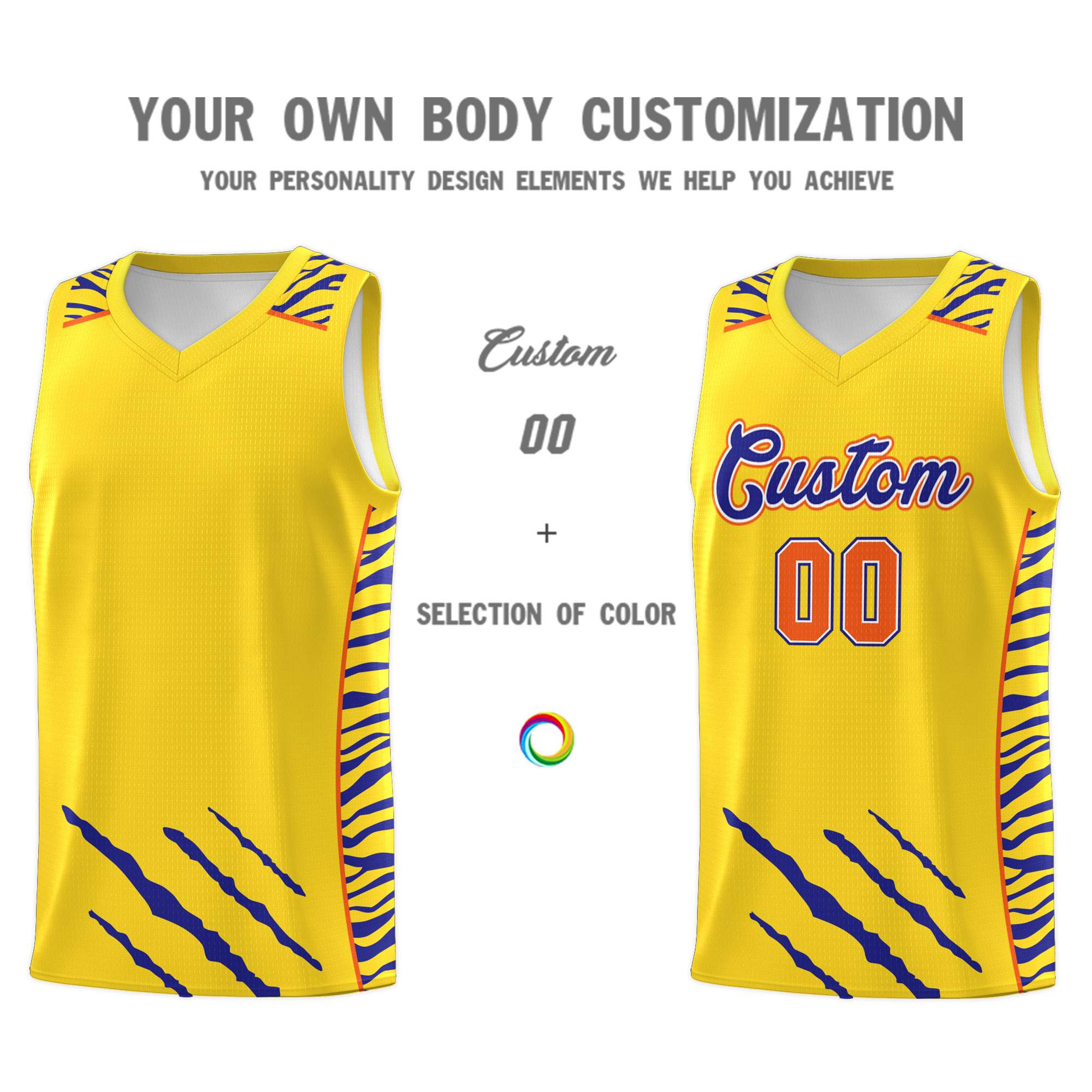 Custom Gold Personalized Tiger Claw Pattern Sports Uniform Basketball Jersey