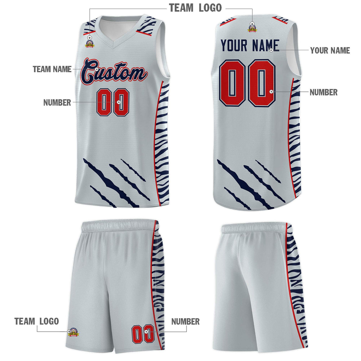 Custom Silver Personalized Tiger Claw Pattern Sports Uniform Basketball Jersey