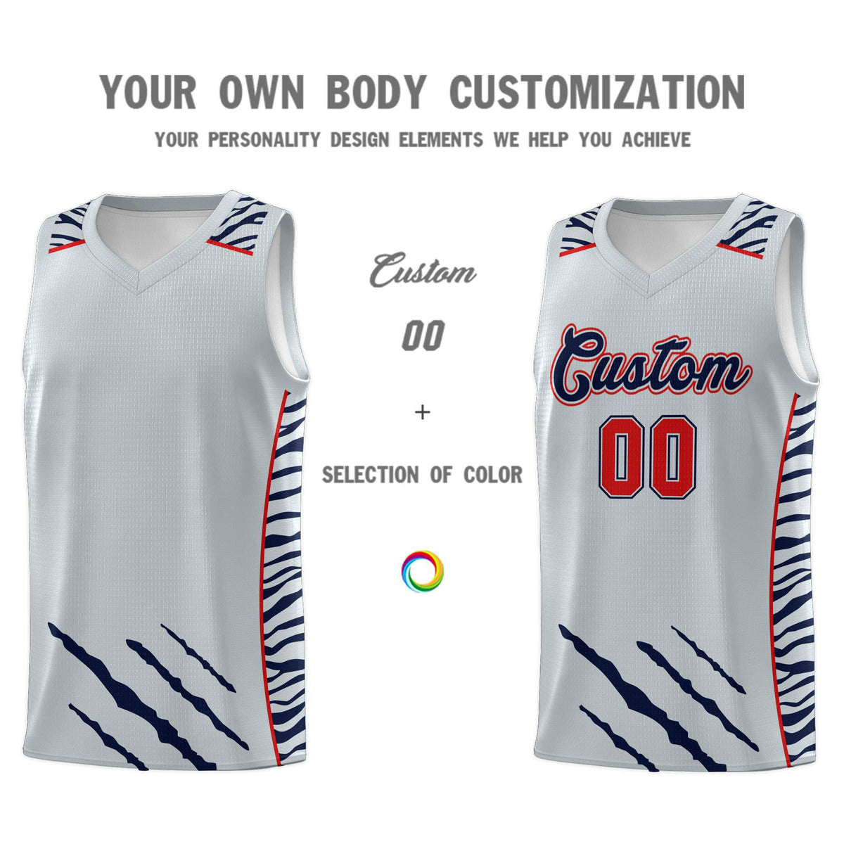 Custom Silver Personalized Tiger Claw Pattern Sports Uniform Basketball Jersey