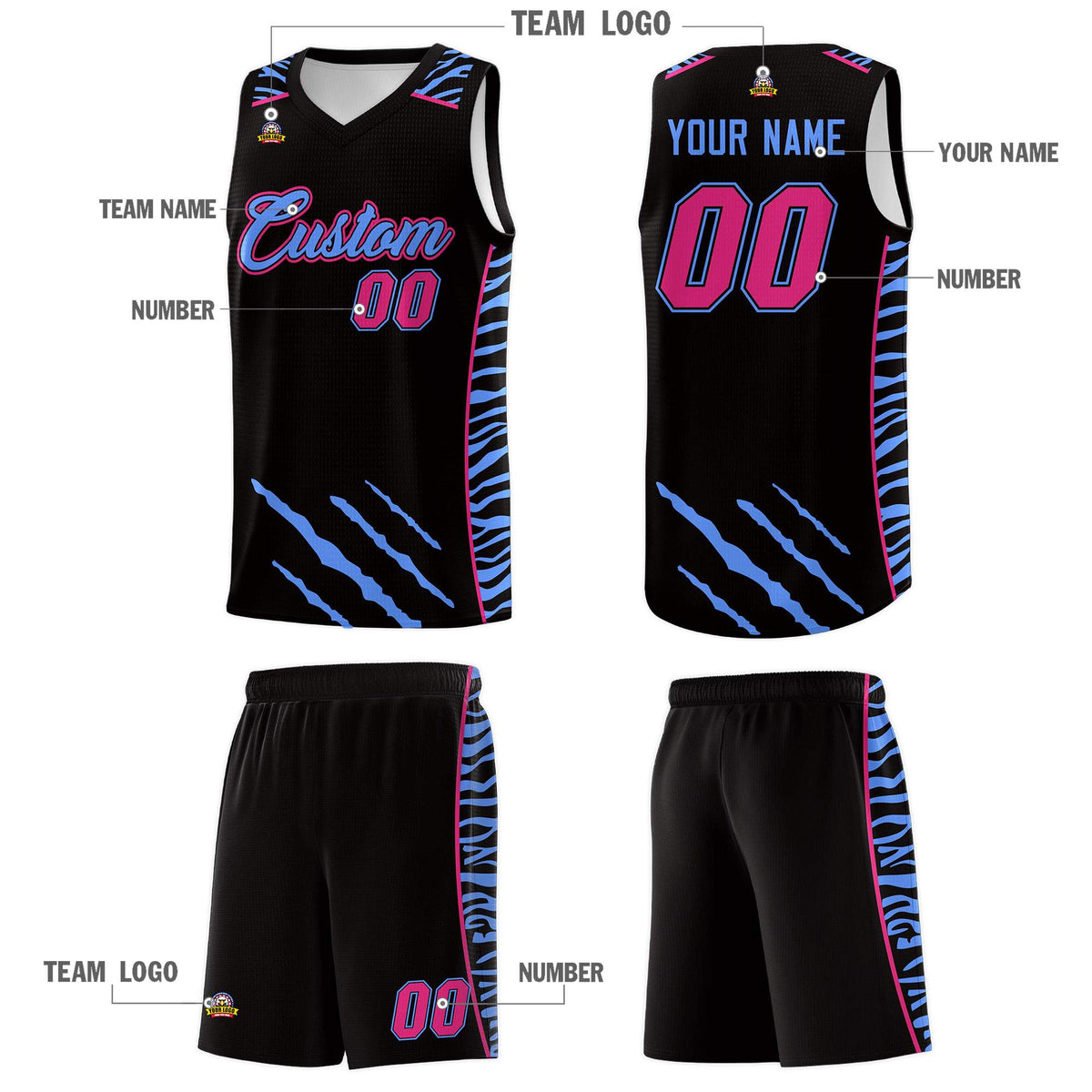 Custom Black Personalized Tiger Claw Pattern Sports Uniform Basketball Jersey