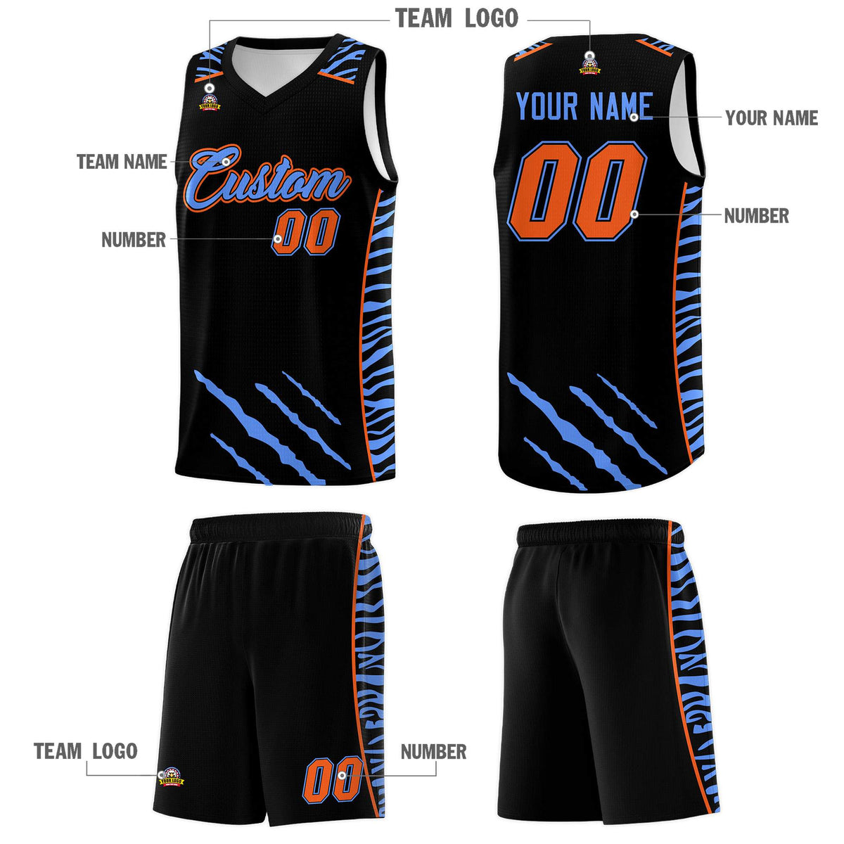 Custom Black Personalized Tiger Claw Pattern Sports Uniform Basketball Jersey