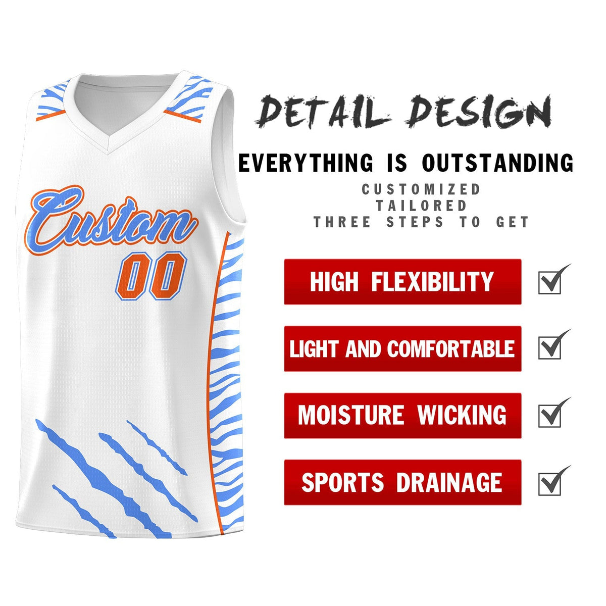 Custom White Personalized Tiger Claw Pattern Sports Uniform Basketball Jersey