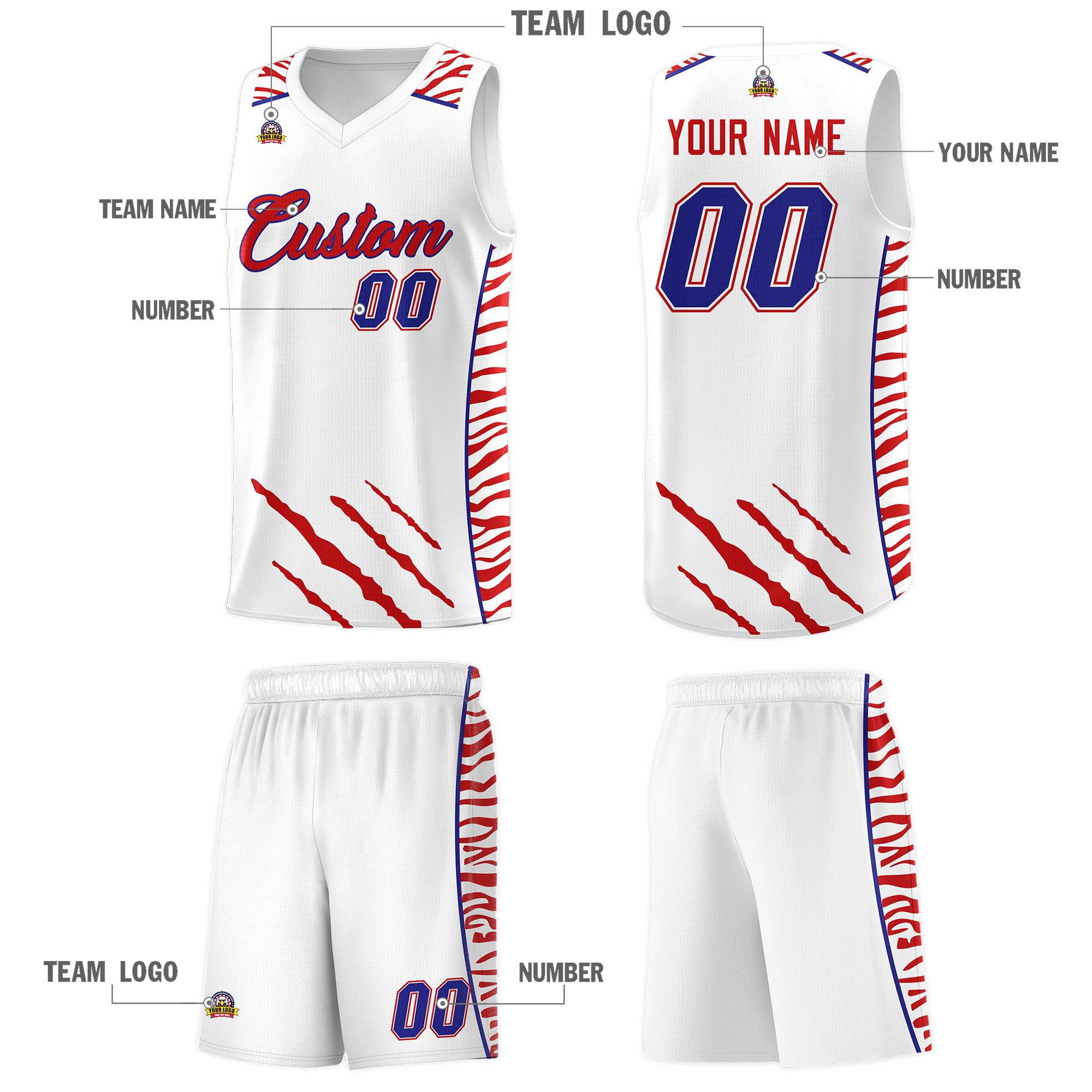 Custom White Personalized Tiger Claw Pattern Sports Uniform Basketball Jersey