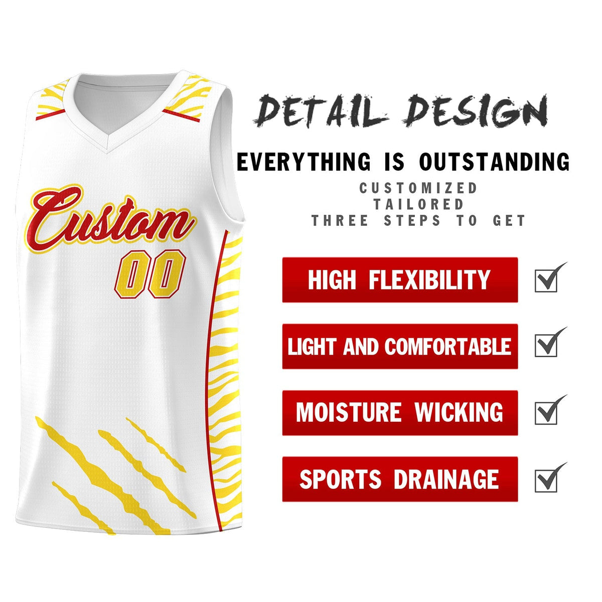 Custom White Personalized Tiger Claw Pattern Sports Uniform Basketball Jersey