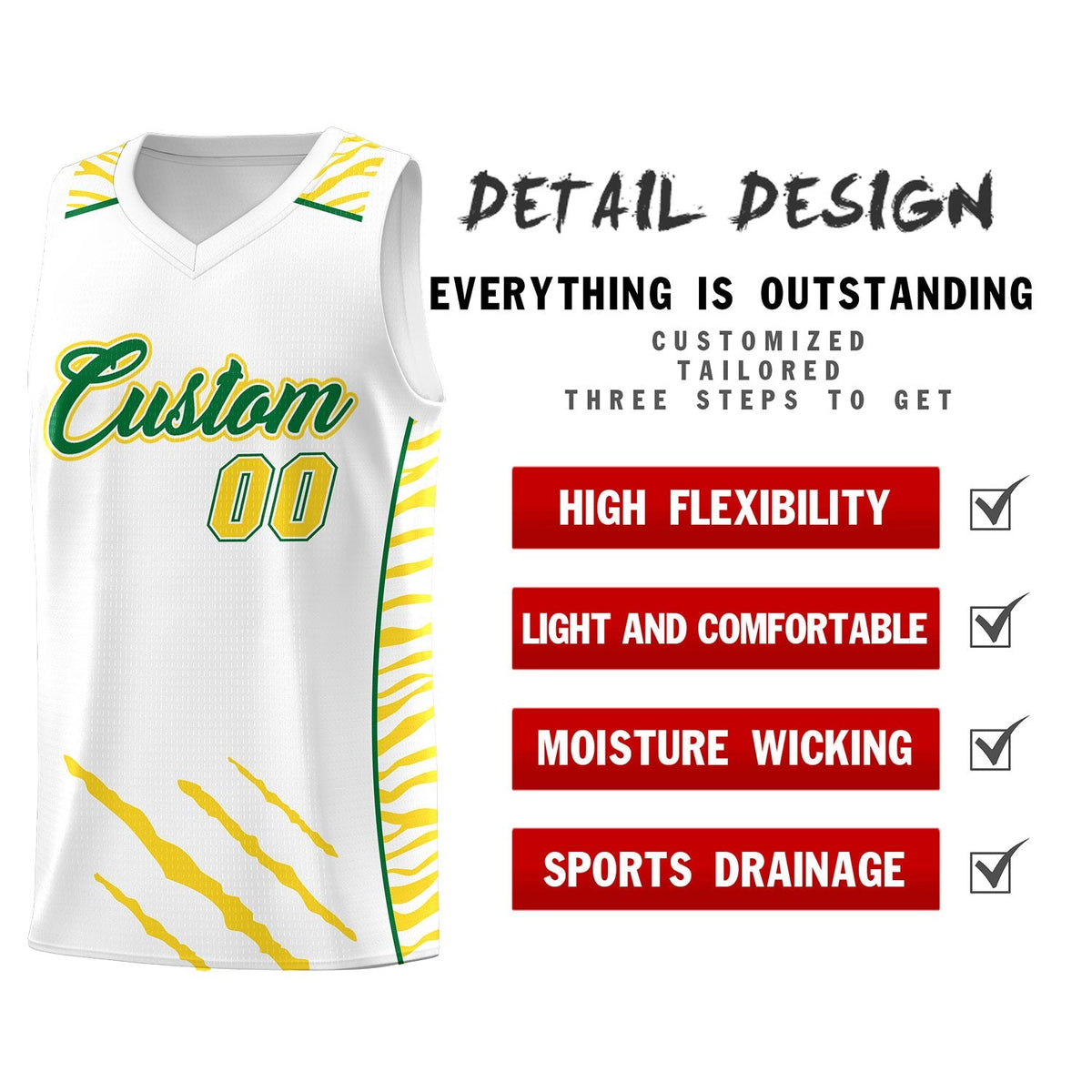 Custom White Personalized Tiger Claw Pattern Sports Uniform Basketball Jersey