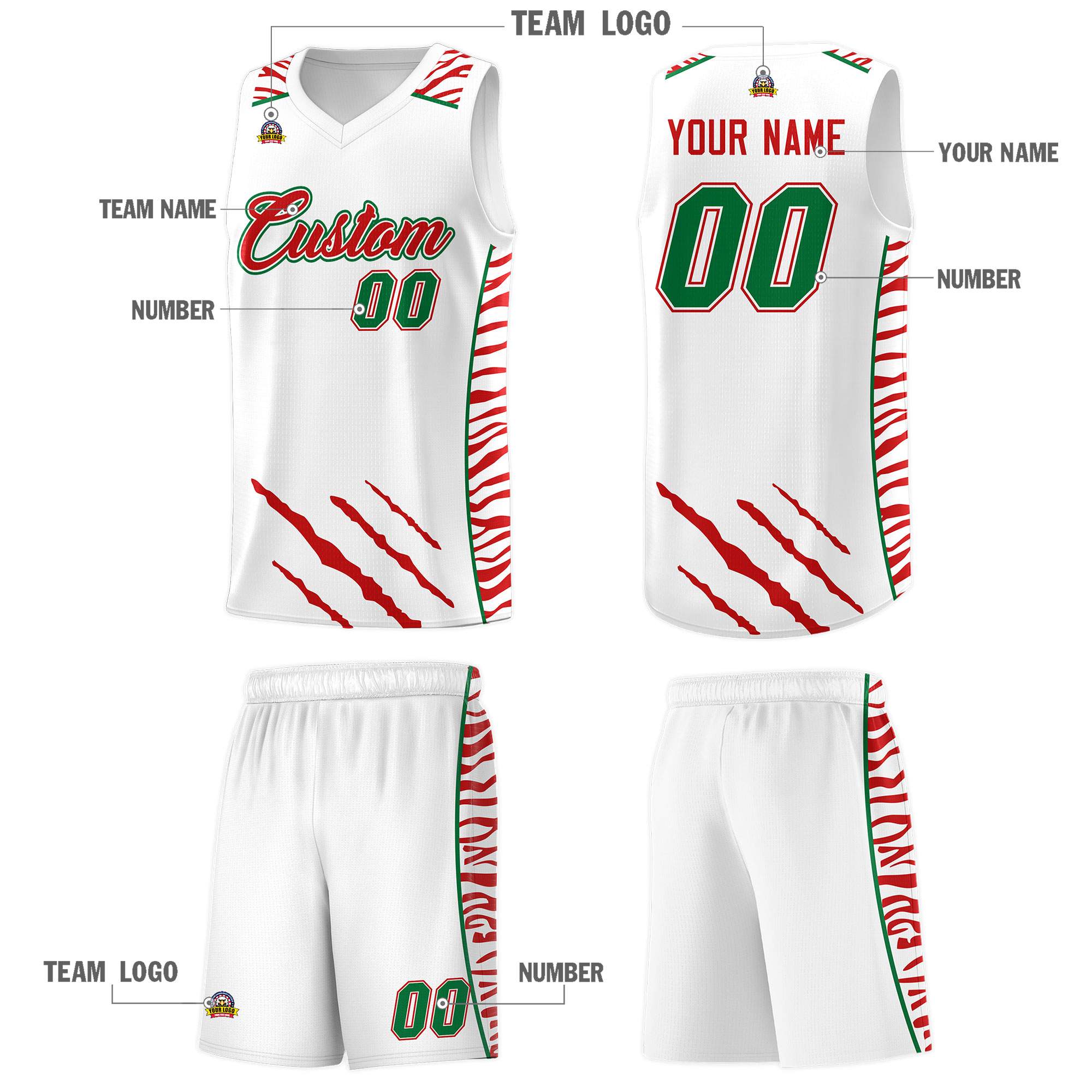 Custom White Personalized Tiger Claw Pattern Sports Uniform Basketball Jersey