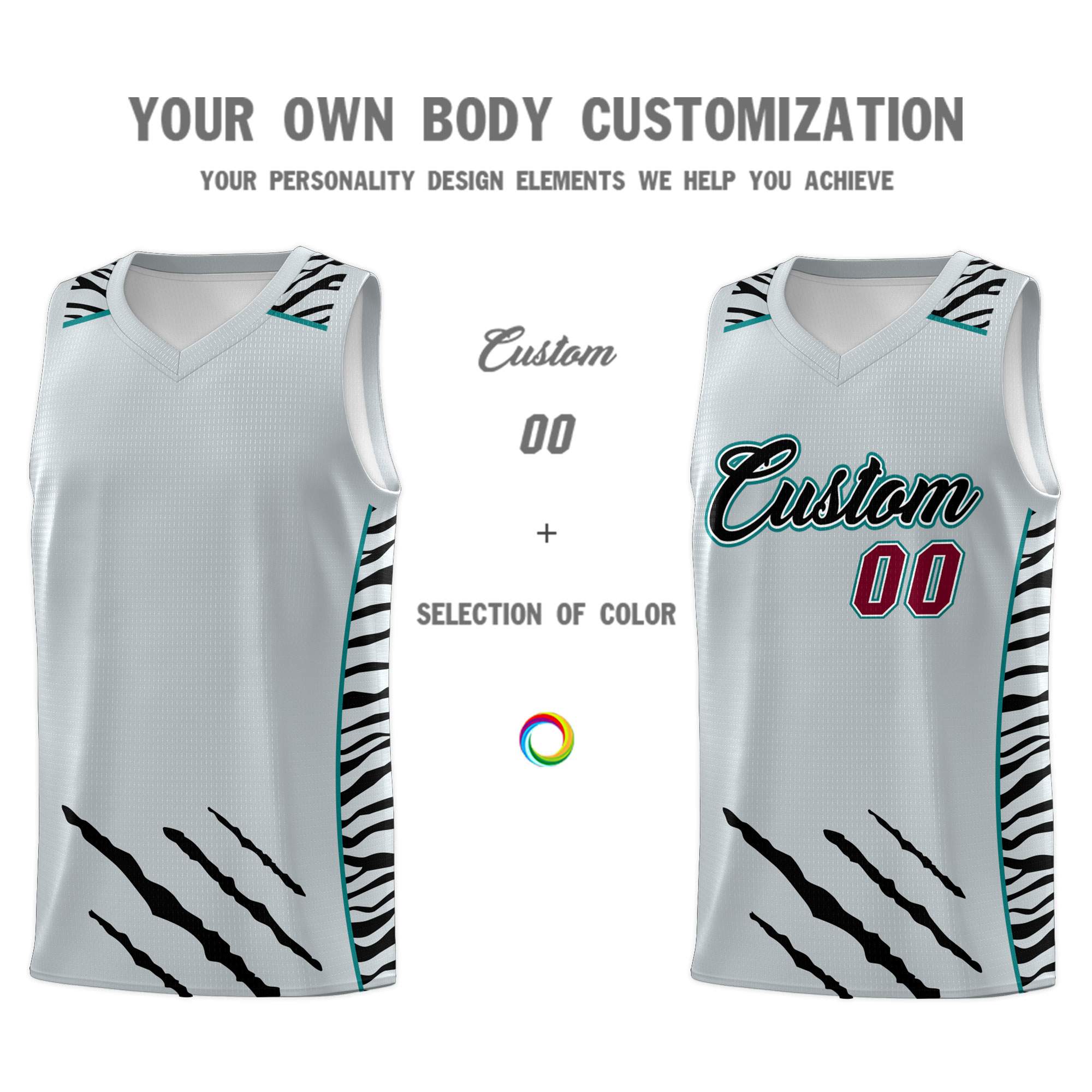 Custom Silver Personalized Tiger Claw Pattern Sports Uniform Basketball Jersey