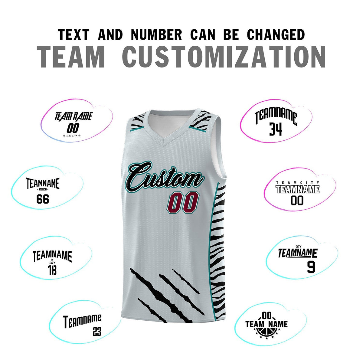 Custom Silver Personalized Tiger Claw Pattern Sports Uniform Basketball Jersey