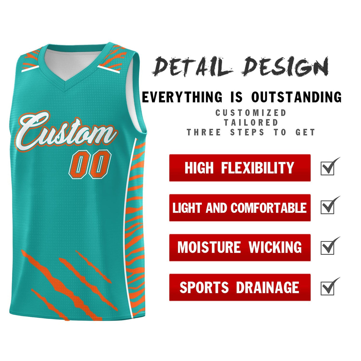 Custom Aqua Personalized Tiger Claw Pattern Sports Uniform Basketball Jersey