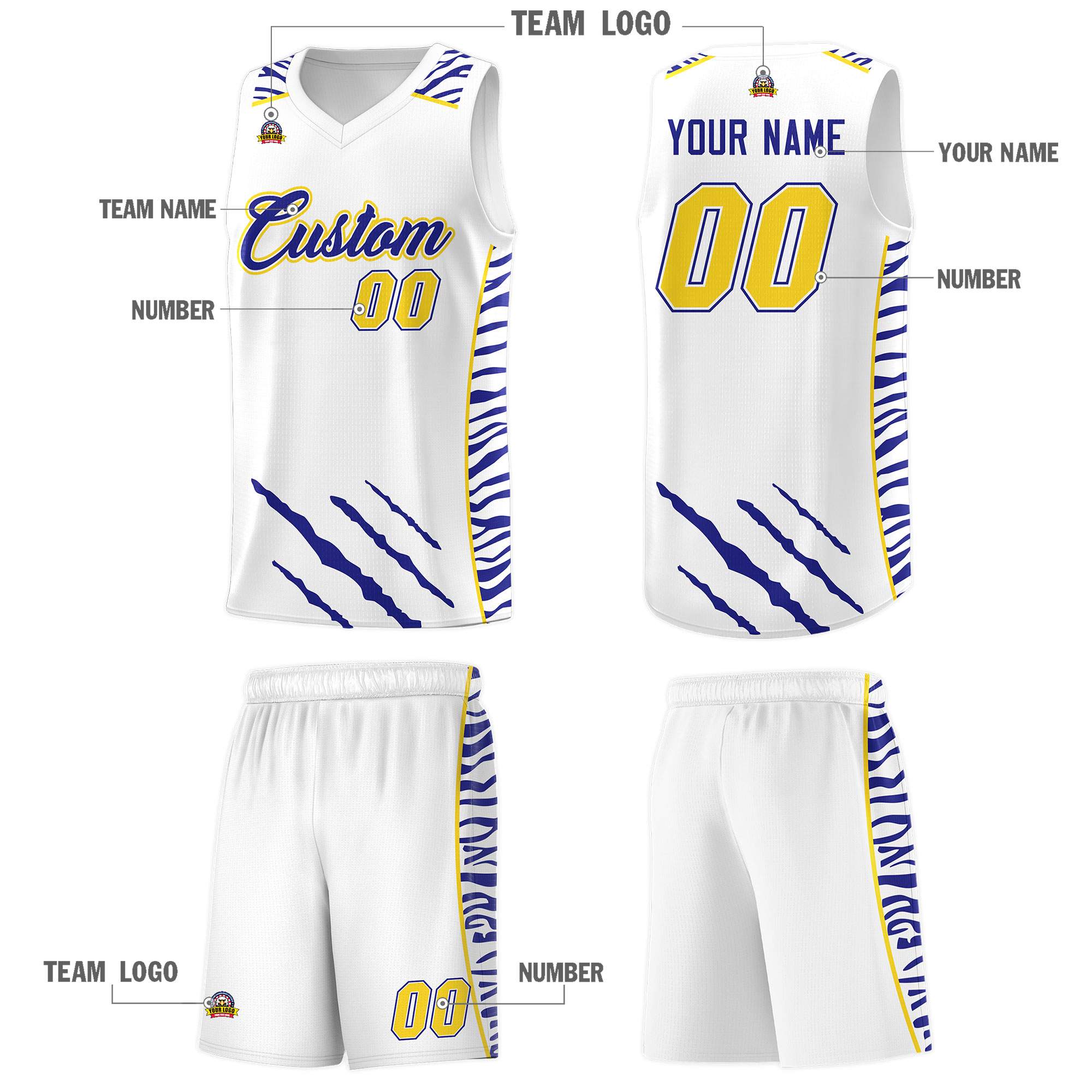 Custom White Personalized Tiger Claw Pattern Sports Uniform Basketball Jersey