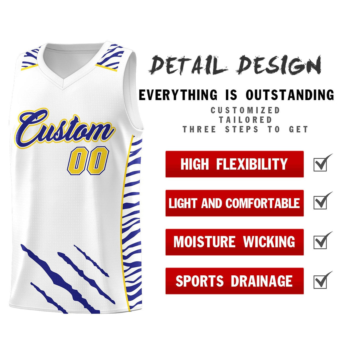 Custom White Personalized Tiger Claw Pattern Sports Uniform Basketball Jersey