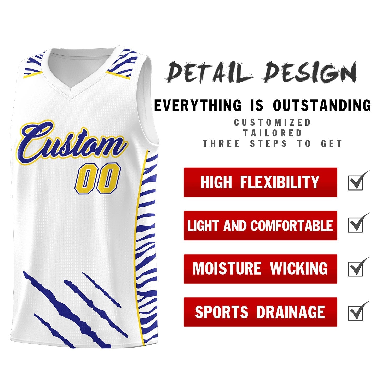 Custom White Personalized Tiger Claw Pattern Sports Uniform Basketball Jersey