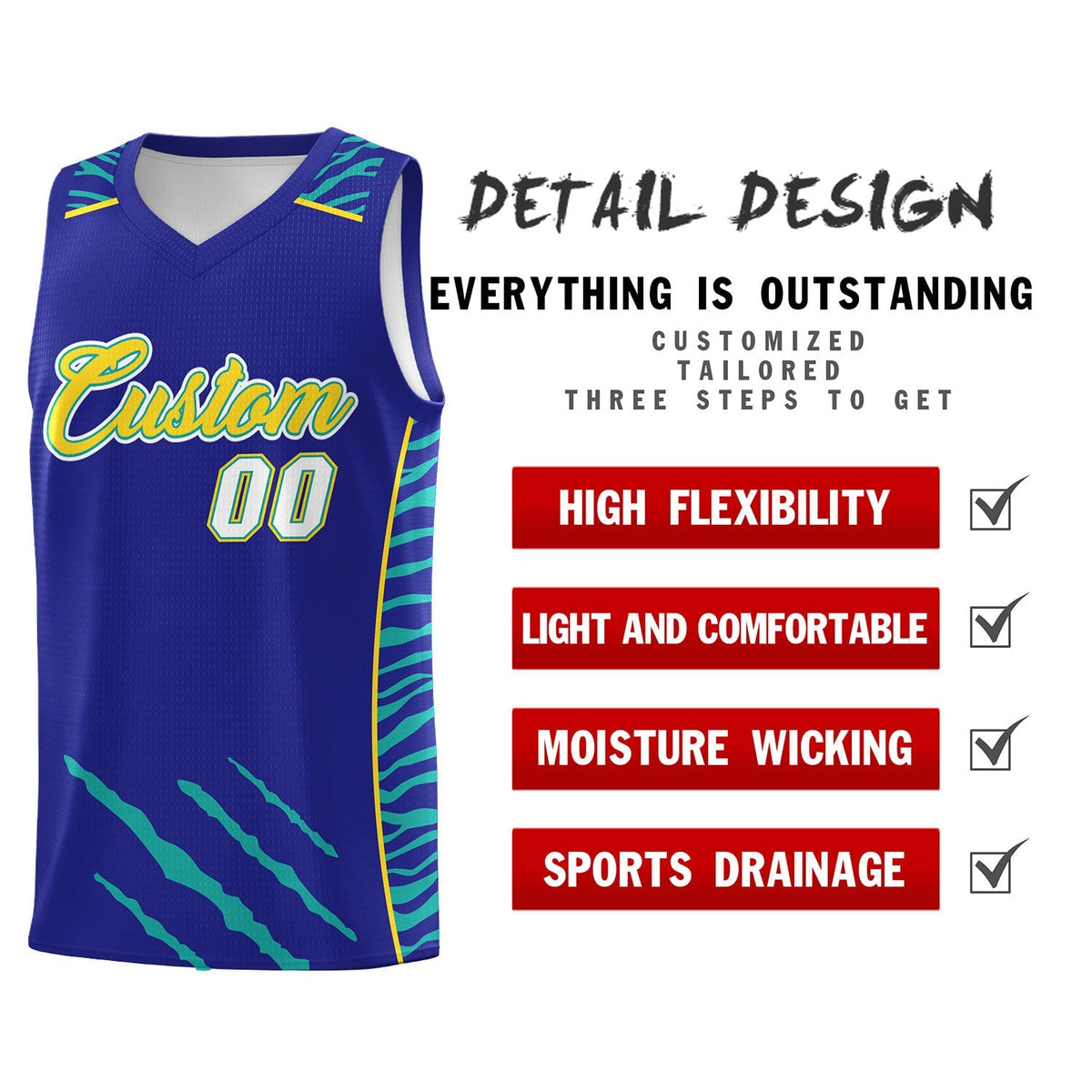 Custom Royal Personalized Tiger Claw Pattern Sports Uniform Basketball Jersey
