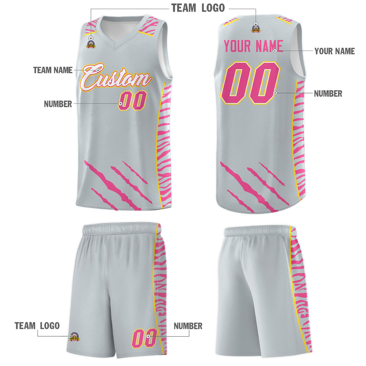 Custom Silver Personalized Tiger Claw Pattern Sports Uniform Basketball Jersey