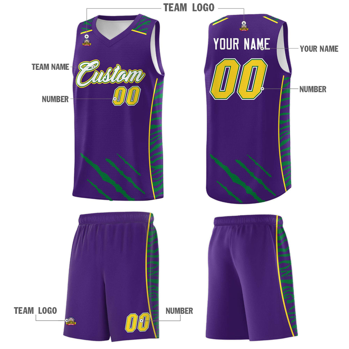 Custom Purple Personalized Tiger Claw Pattern Sports Uniform Basketball Jersey