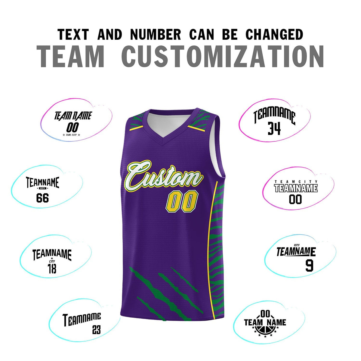 Custom Purple Personalized Tiger Claw Pattern Sports Uniform Basketball Jersey