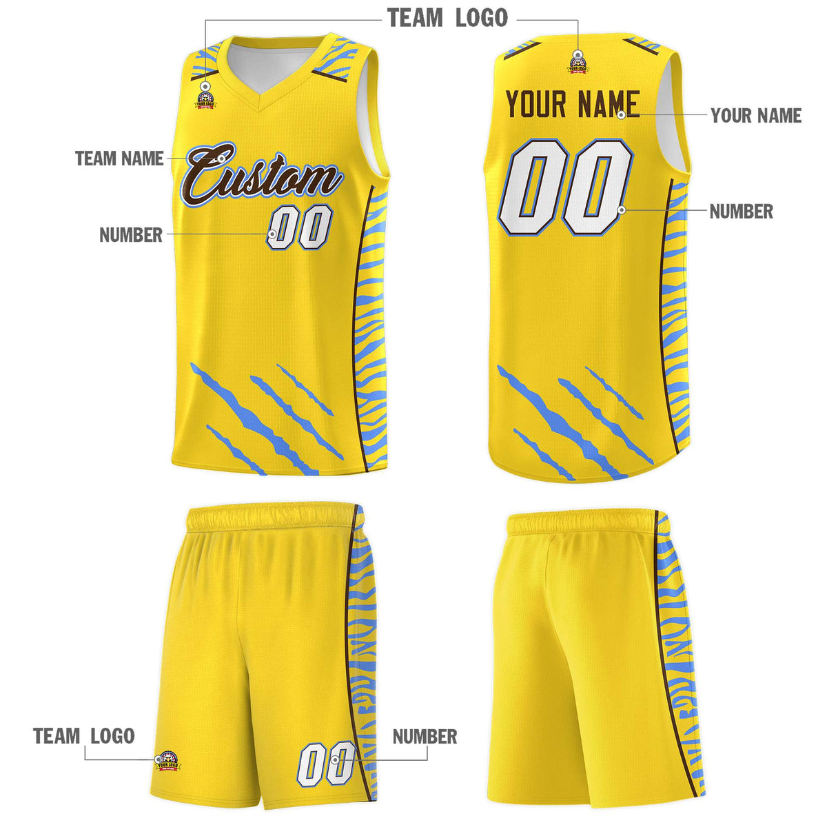 Custom Gold Personalized Tiger Claw Pattern Sports Uniform Basketball Jersey