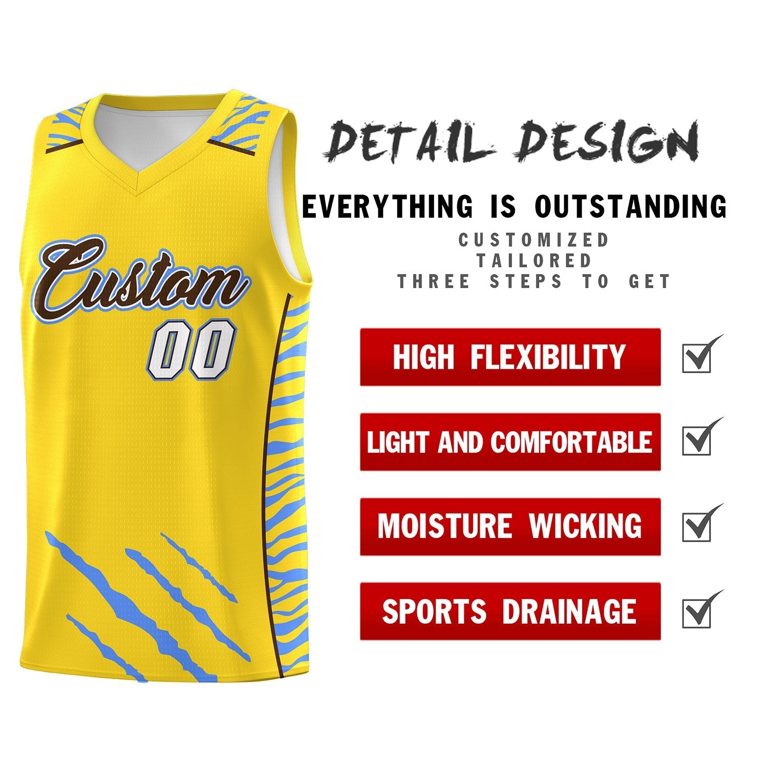 Custom Gold Personalized Tiger Claw Pattern Sports Uniform Basketball Jersey