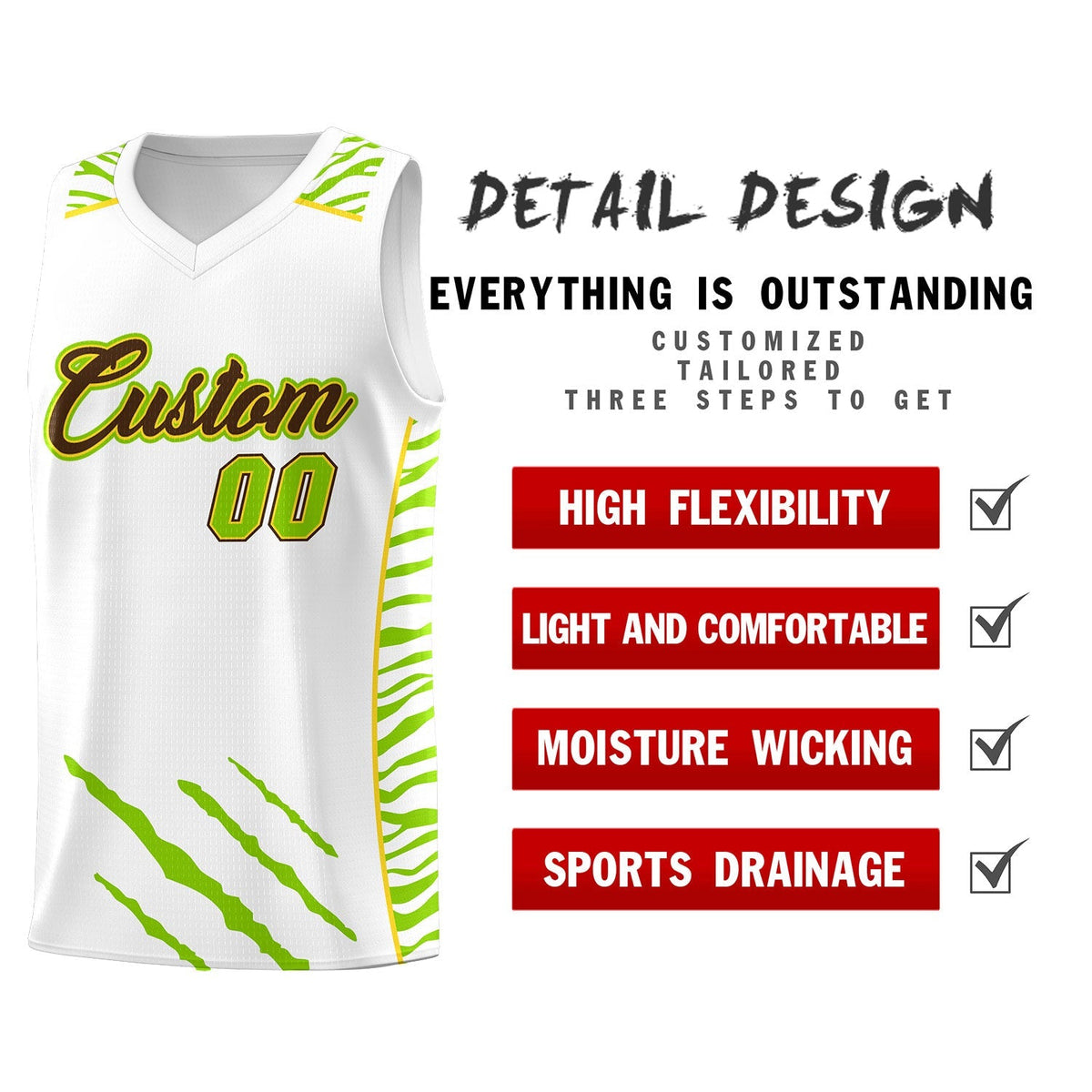 Custom White Personalized Tiger Claw Pattern Sports Uniform Basketball Jersey