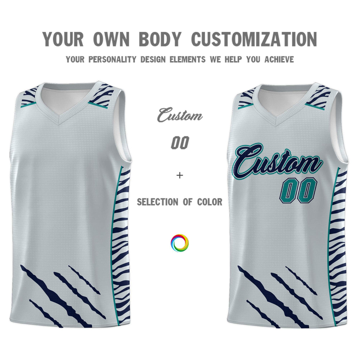 Custom Silver Personalized Tiger Claw Pattern Sports Uniform Basketball Jersey