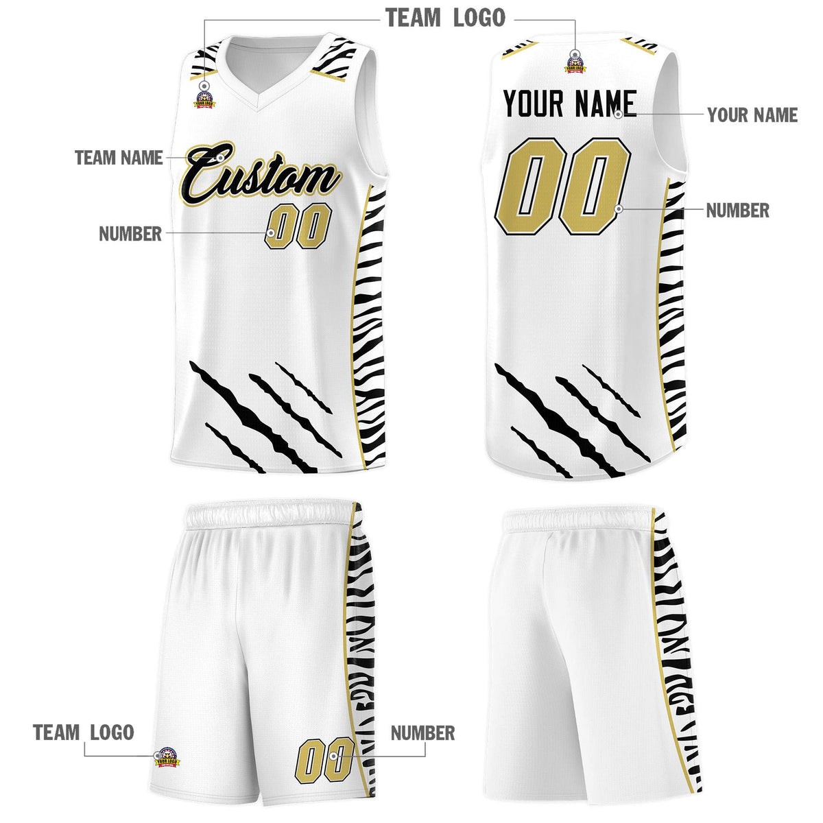 Custom White Personalized Tiger Claw Pattern Sports Uniform Basketball Jersey