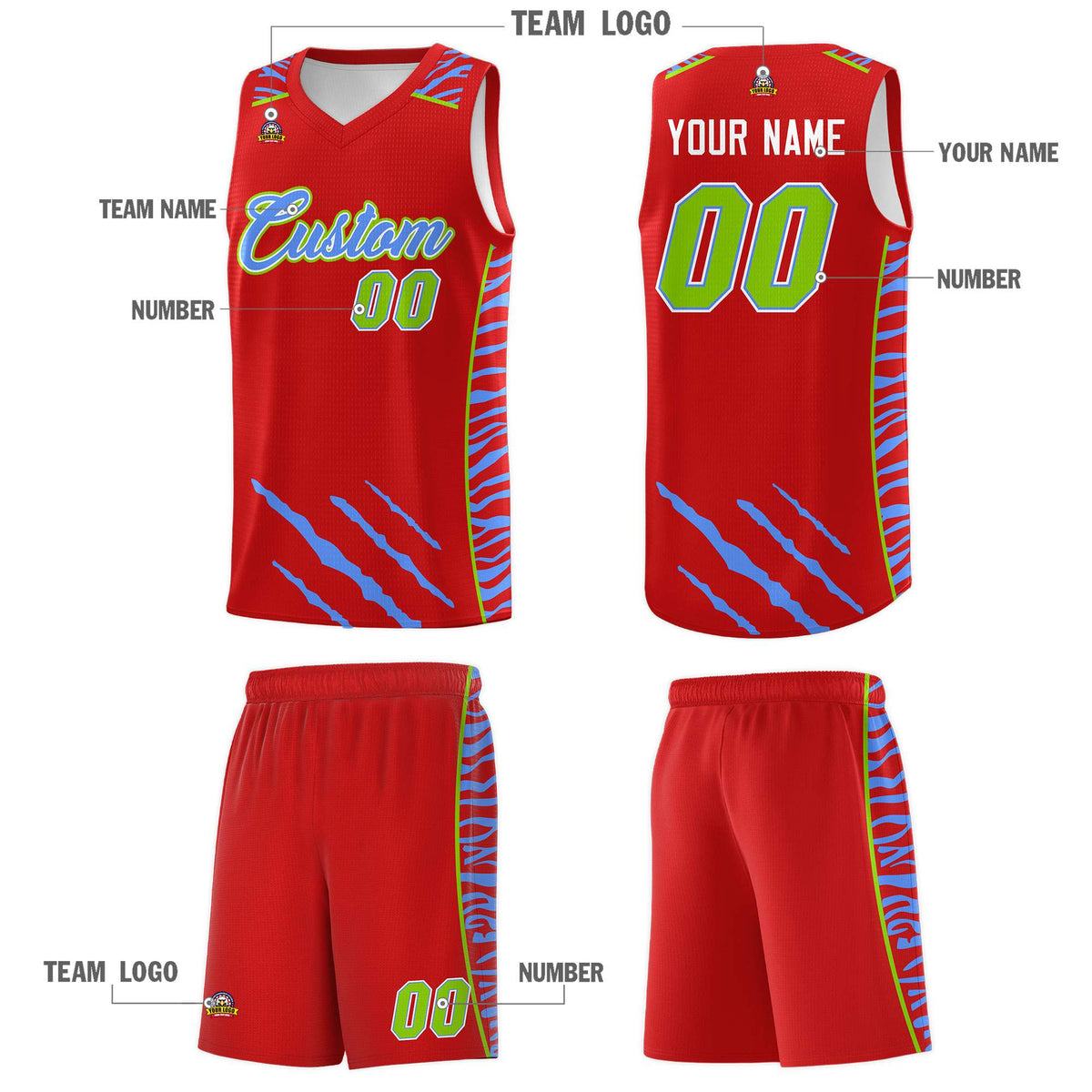 Custom Red Personalized Tiger Claw Pattern Sports Uniform Basketball Jersey