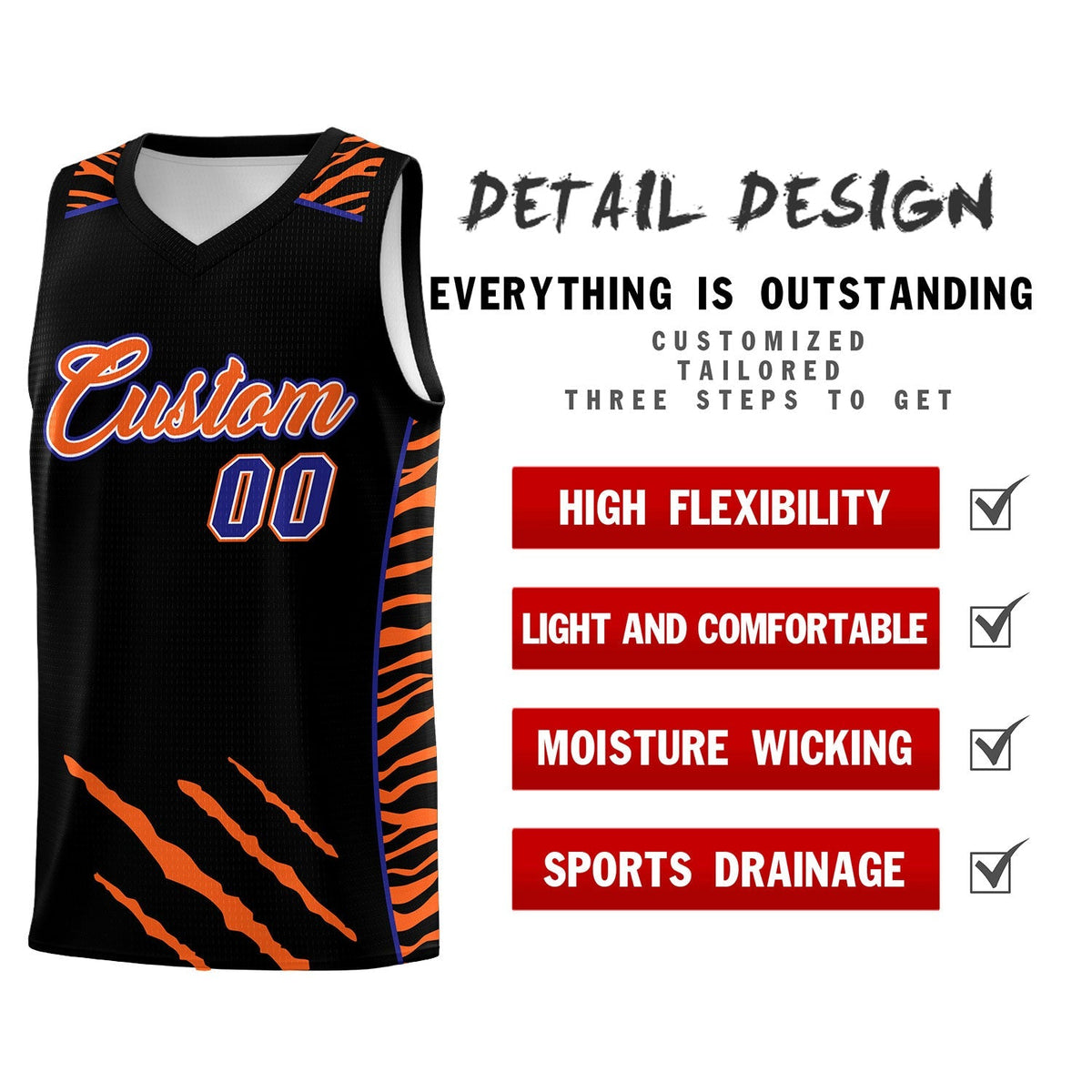 Custom Black Personalized Tiger Claw Pattern Sports Uniform Basketball Jersey