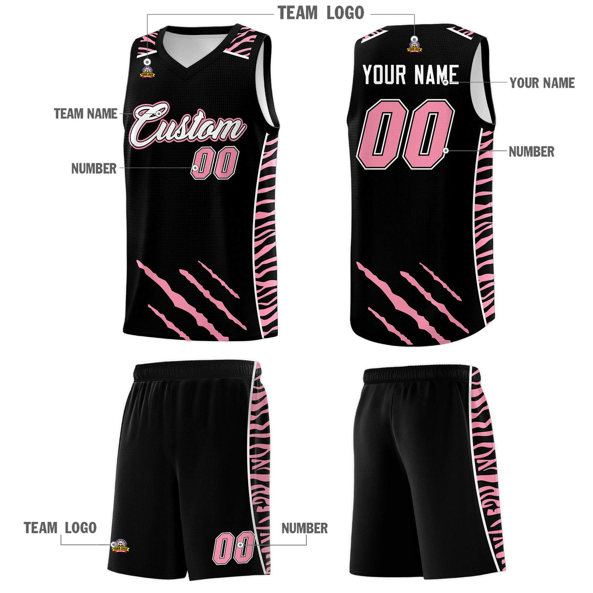 Custom Black Personalized Tiger Claw Pattern Sports Uniform Basketball Jersey