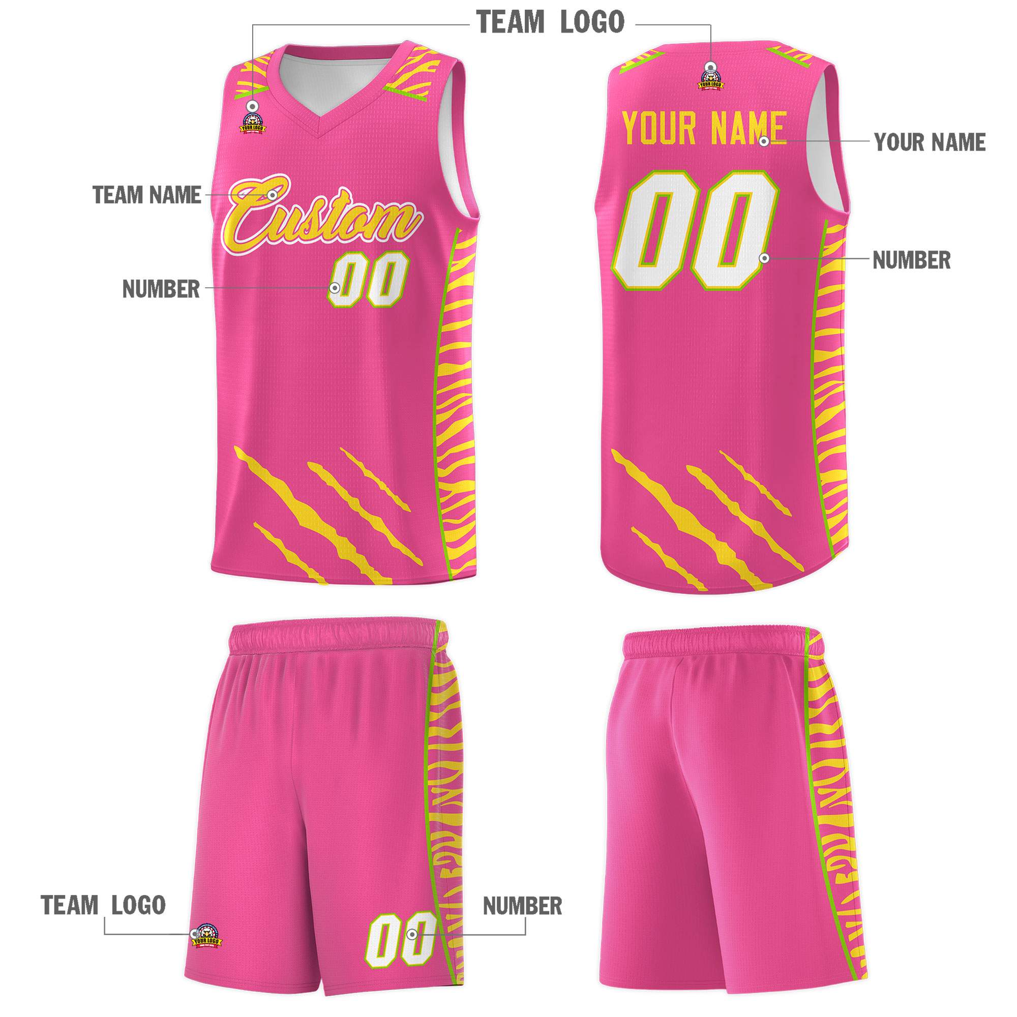 Custom Pink Personalized Tiger Claw Pattern Sports Uniform Basketball Jersey