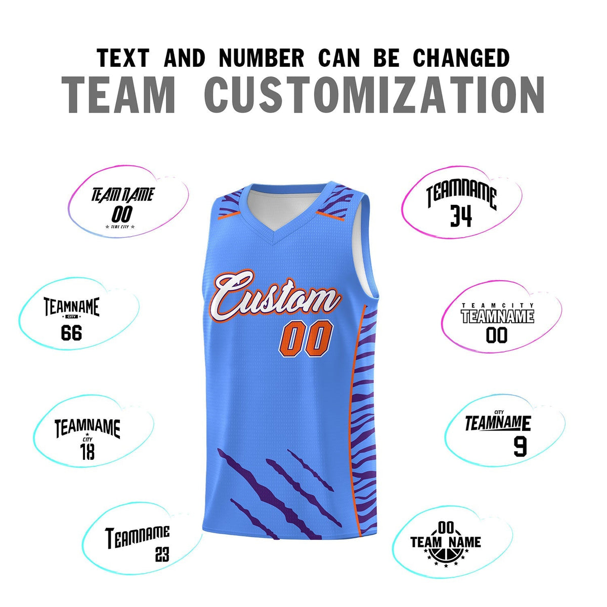 Custom Powder Blue Personalized Tiger Claw Pattern Sports Uniform Basketball Jersey