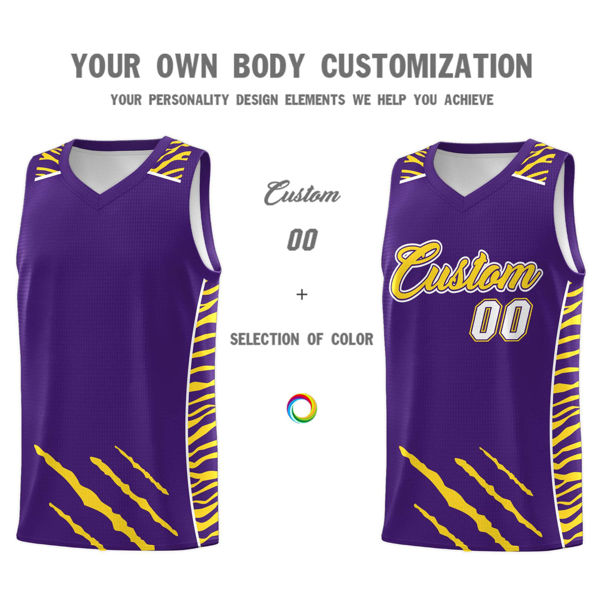 Custom Purple Personalized Tiger Claw Pattern Sports Uniform Basketball Jersey