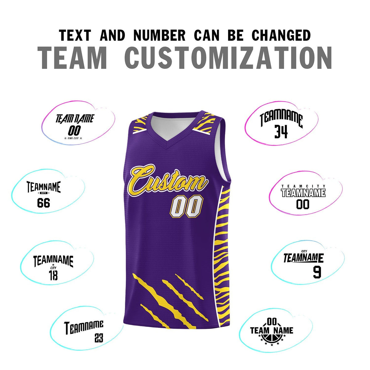 Custom Purple Personalized Tiger Claw Pattern Sports Uniform Basketball Jersey