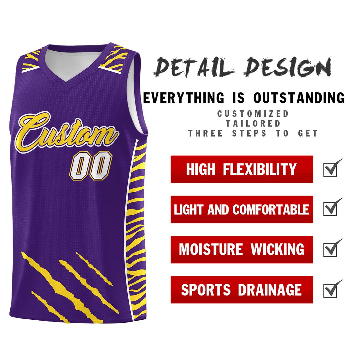 Custom Purple Personalized Tiger Claw Pattern Sports Uniform Basketball Jersey