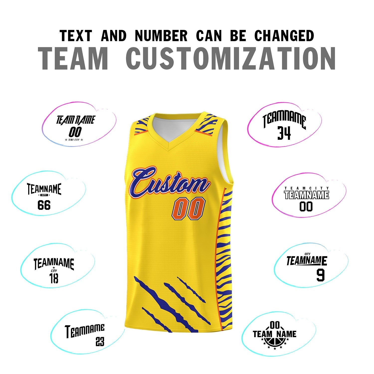 Custom Gold Personalized Tiger Claw Pattern Sports Uniform Basketball Jersey
