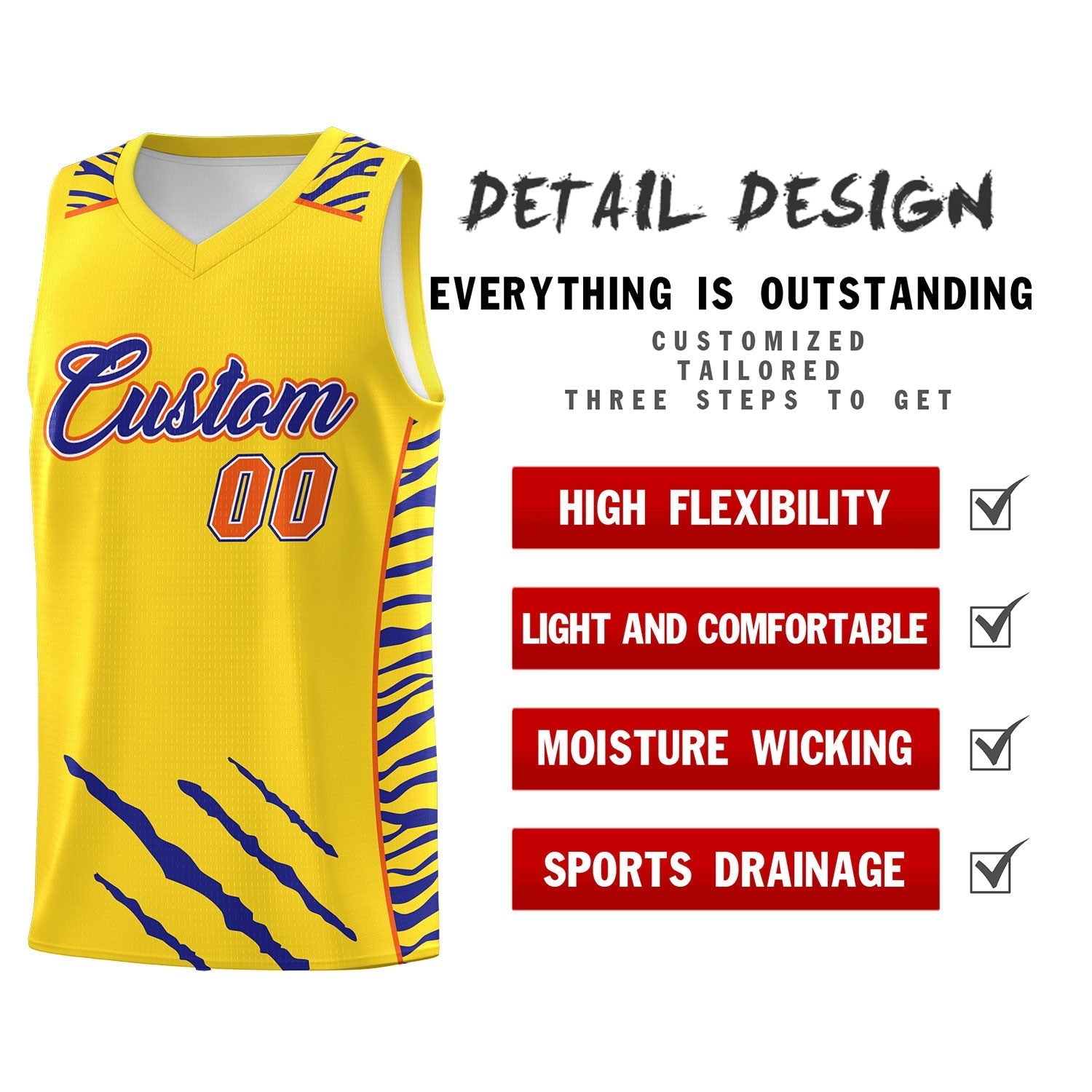 Custom Gold Personalized Tiger Claw Pattern Sports Uniform Basketball Jersey
