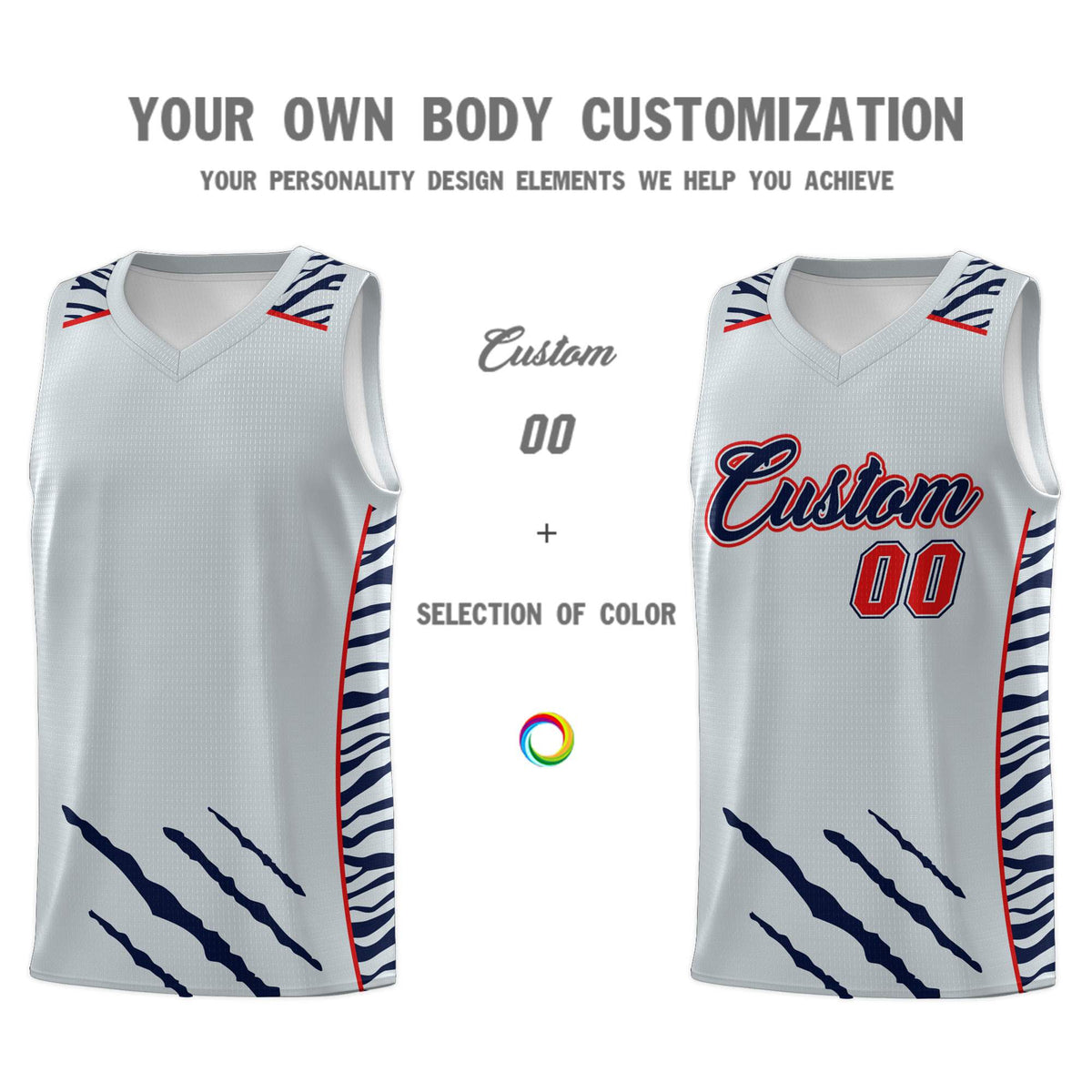 Custom Silver Personalized Tiger Claw Pattern Sports Uniform Basketball Jersey