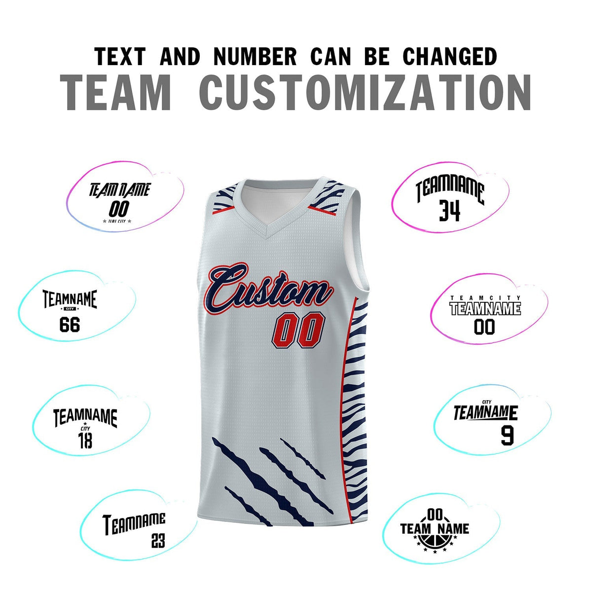 Custom Silver Personalized Tiger Claw Pattern Sports Uniform Basketball Jersey