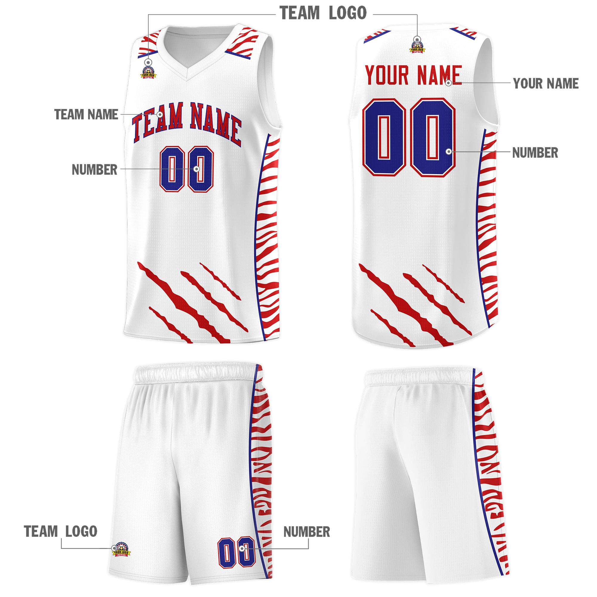 Custom White Personalized Tiger Claw Pattern Sports Uniform Basketball Jersey
