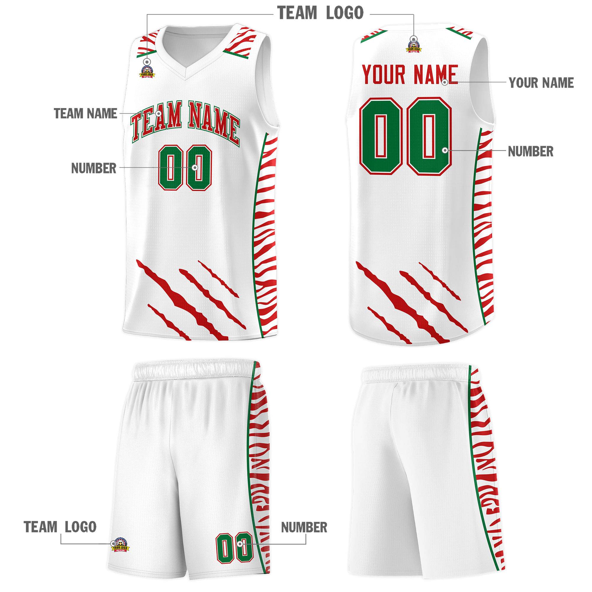 Custom White Personalized Tiger Claw Pattern Sports Uniform Basketball Jersey