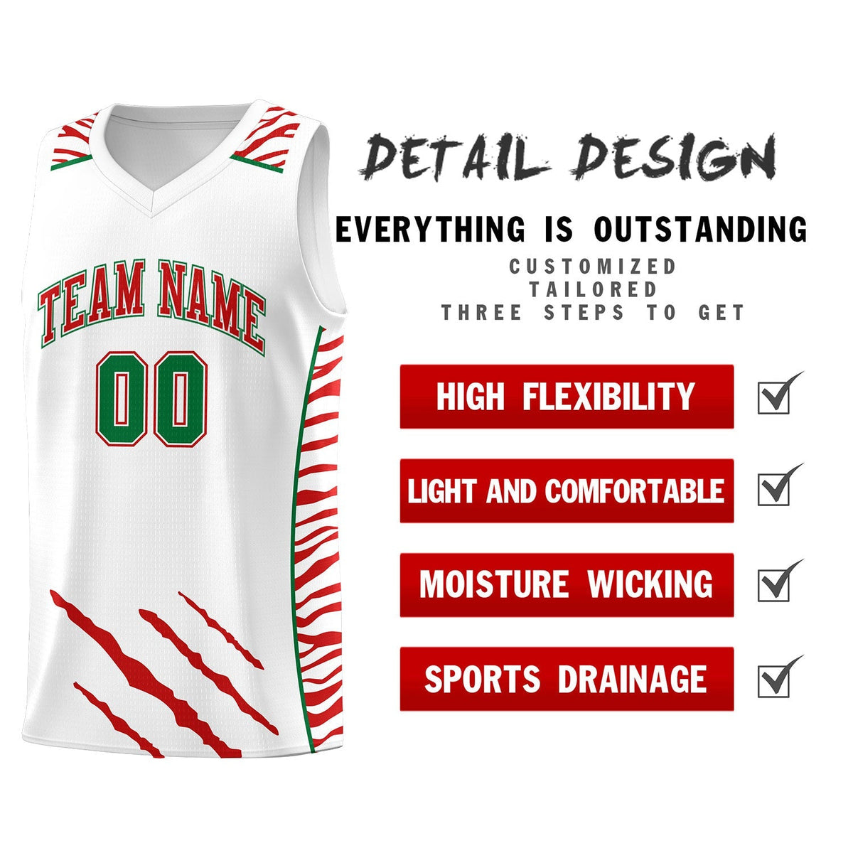 Custom White Personalized Tiger Claw Pattern Sports Uniform Basketball Jersey